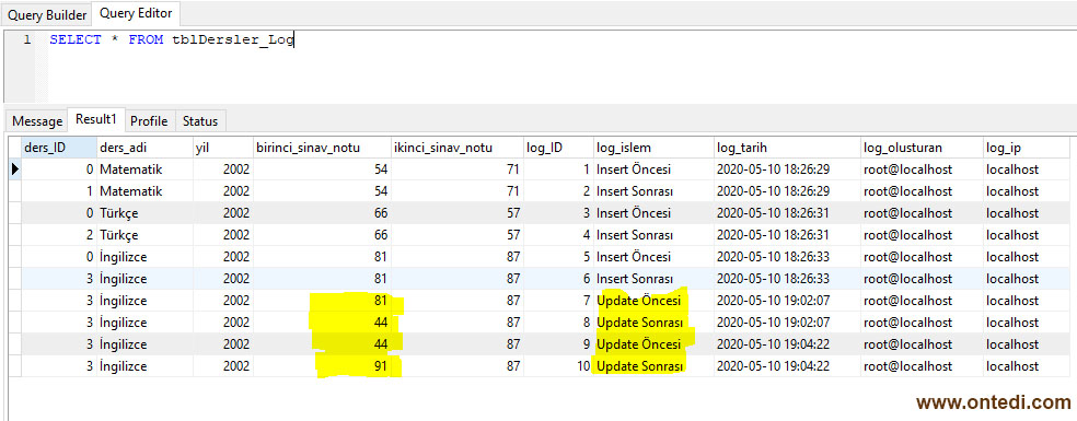 MySQL Trigger, Gelişmiş Log